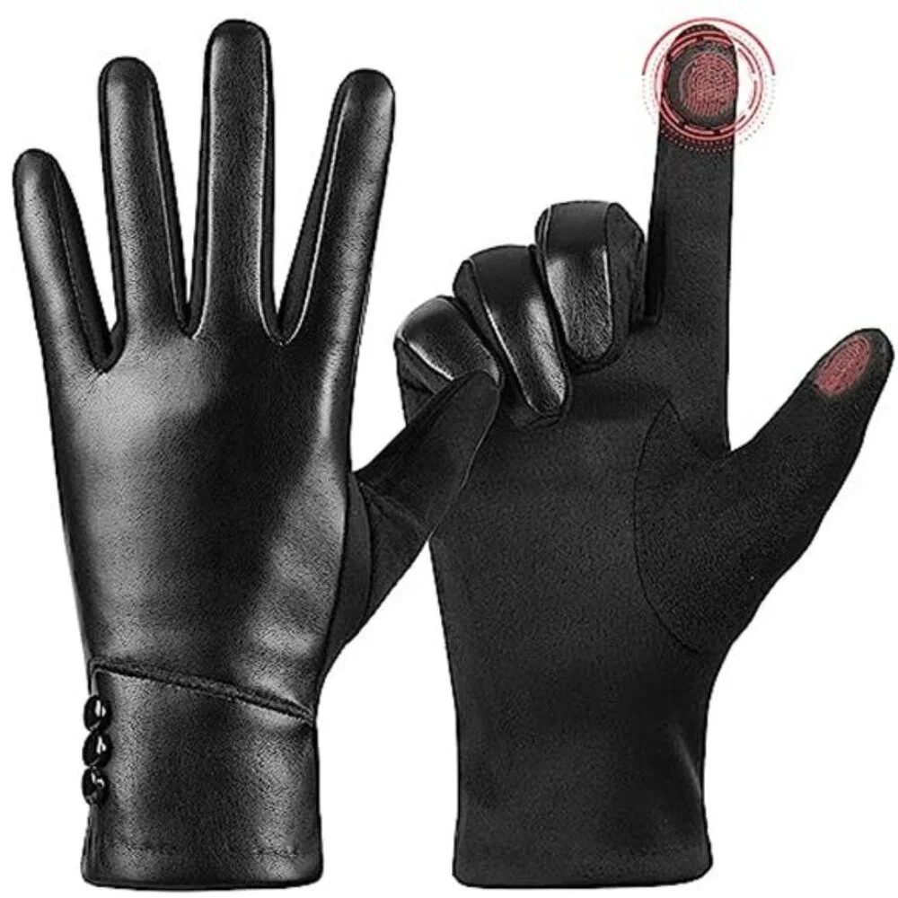 Women Winter Leather Gloves Touch Screen Wool Lined Warm Windproof Driving Glove
